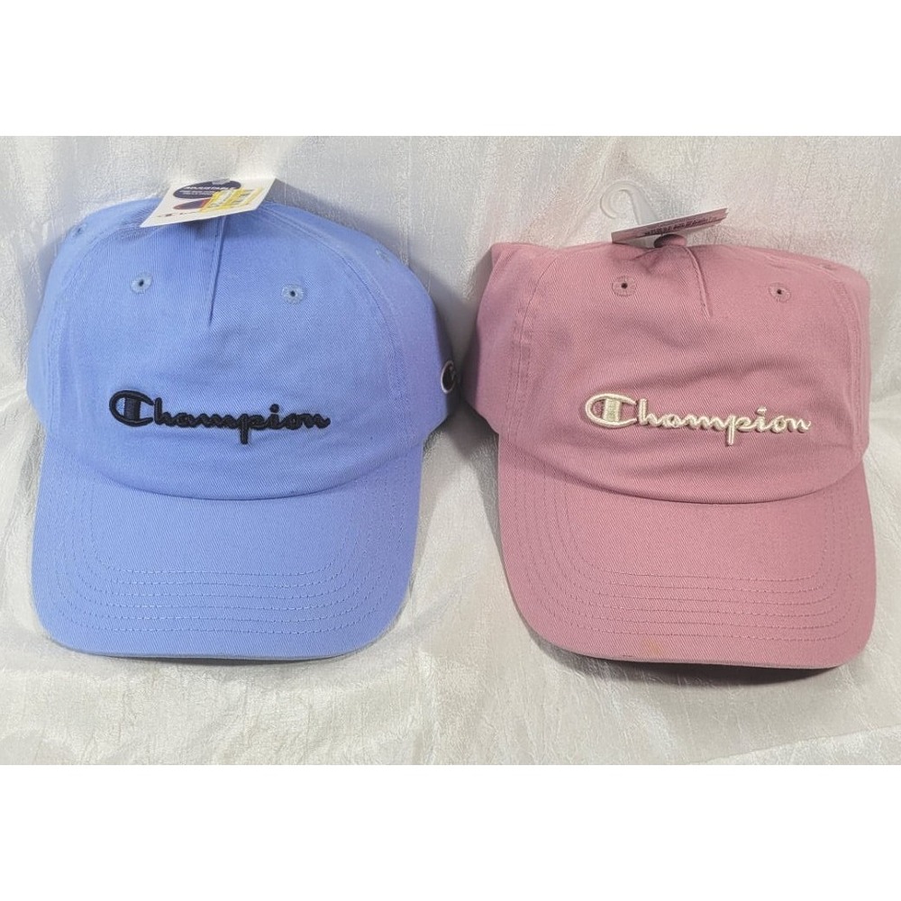 2 Champion Embroidered Unstructured Adjustable Strapback Hats - Lt Blue & Pink